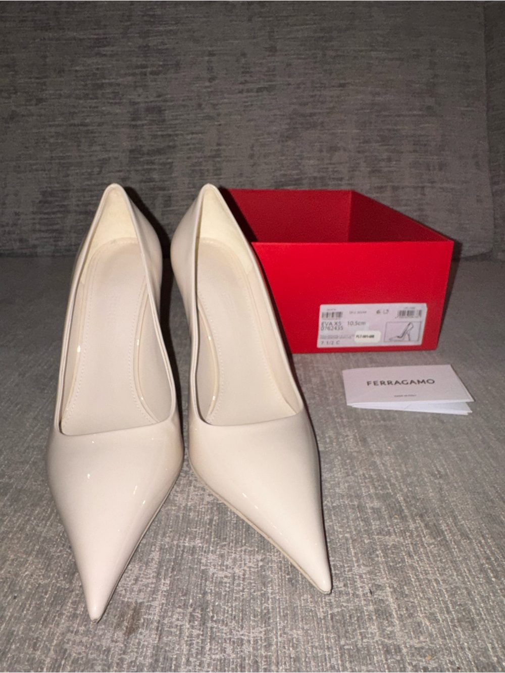 Ferragamo Cream Patent Pointed Toe Pump - Classic Heel